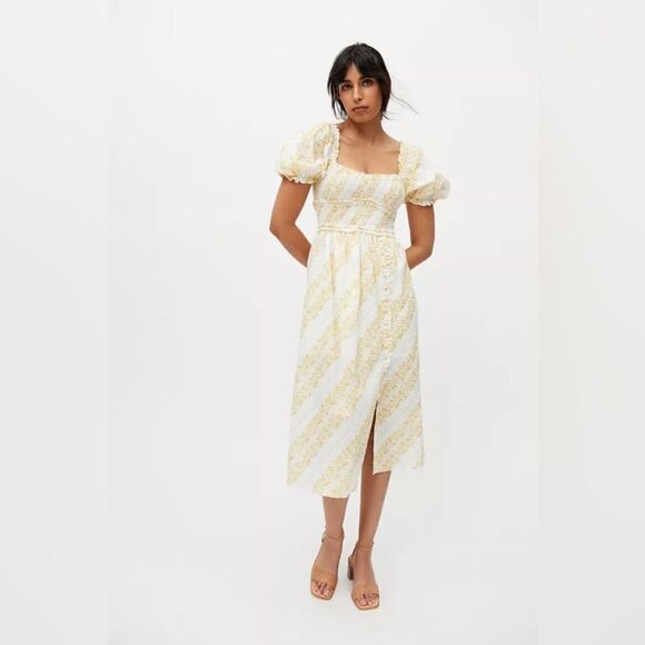 For Love & Lemons Lucie Midi Yellow White Dress Smocked Size S - Picture 4 of 8